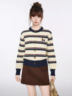 Beige Striped Knit Cardigan Dachshund Embroidery Top