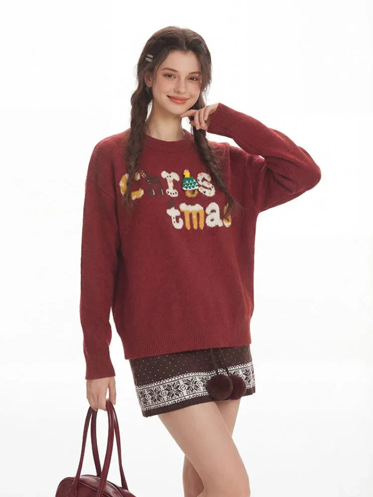 Festive Red Oversized Christmas Sweater with 3D Tree Pin - TEVQA