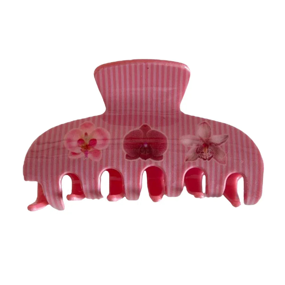 Pink striped claw clip with floral designs