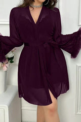 Plus Size Plum Mesh Robe & Lace Chemise Set, 2-Piece Peignoir Sleepwear - Sexy Lingerie