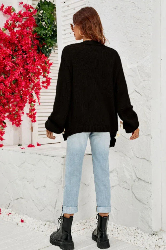 Camel 3D Floral Lantern Sleeve Cardigan - View 28 | TEVQA