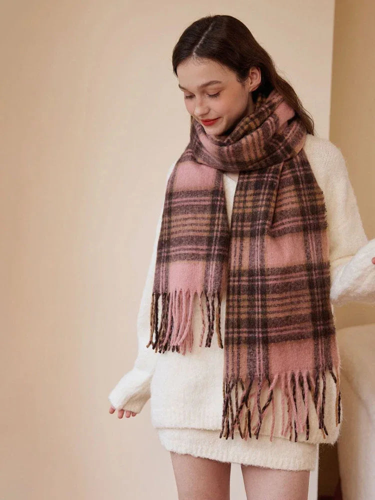 Oversized vintage plaid scarf with fringe detail - View 6 | TEVQA