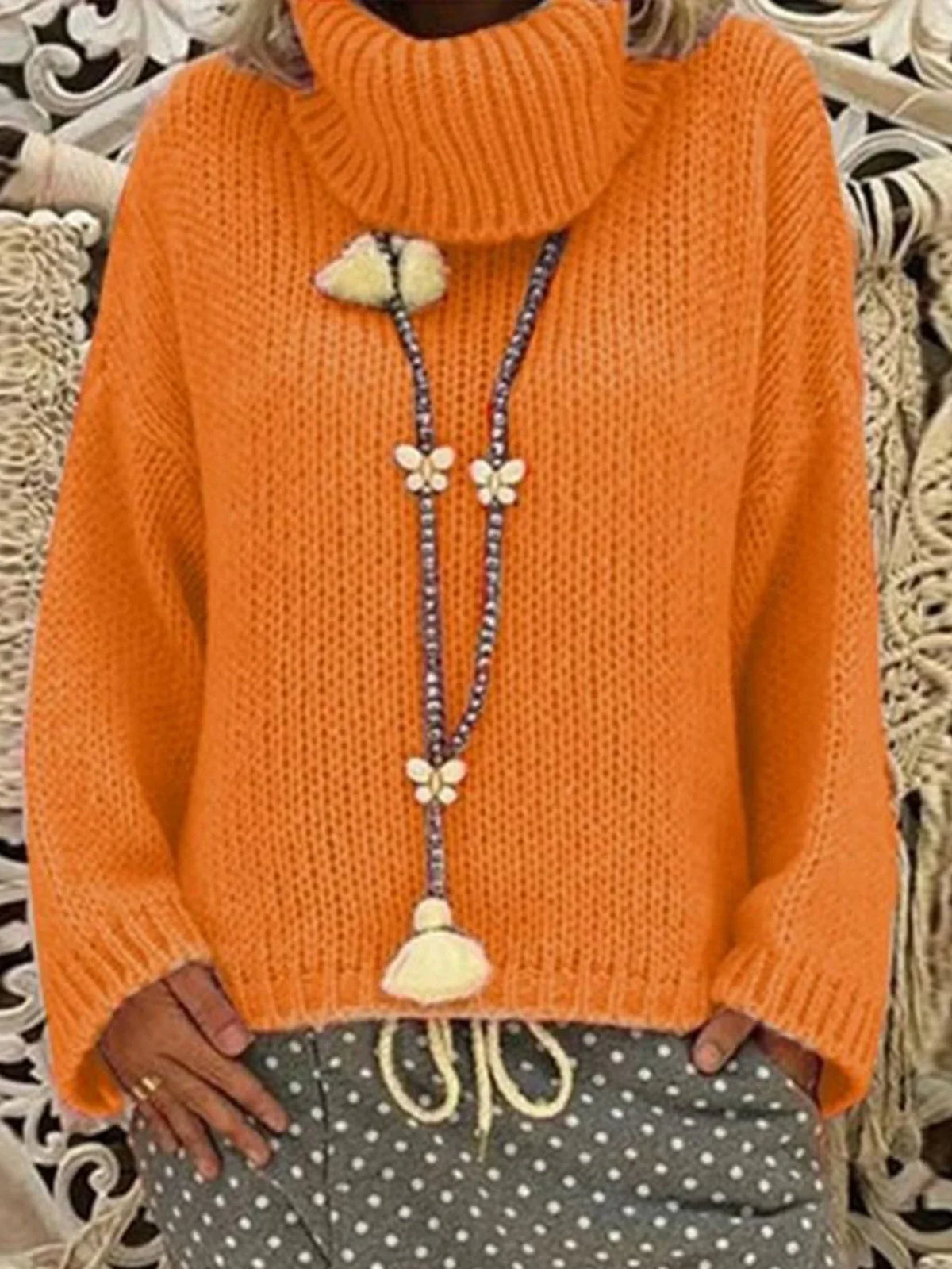 Vibrant Orange Chunky Knit Turtleneck Sweater - TEVQA