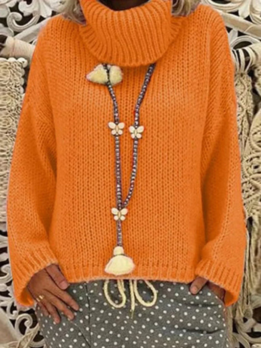 Vibrant Orange Chunky Knit Turtleneck Sweater - TEVQA