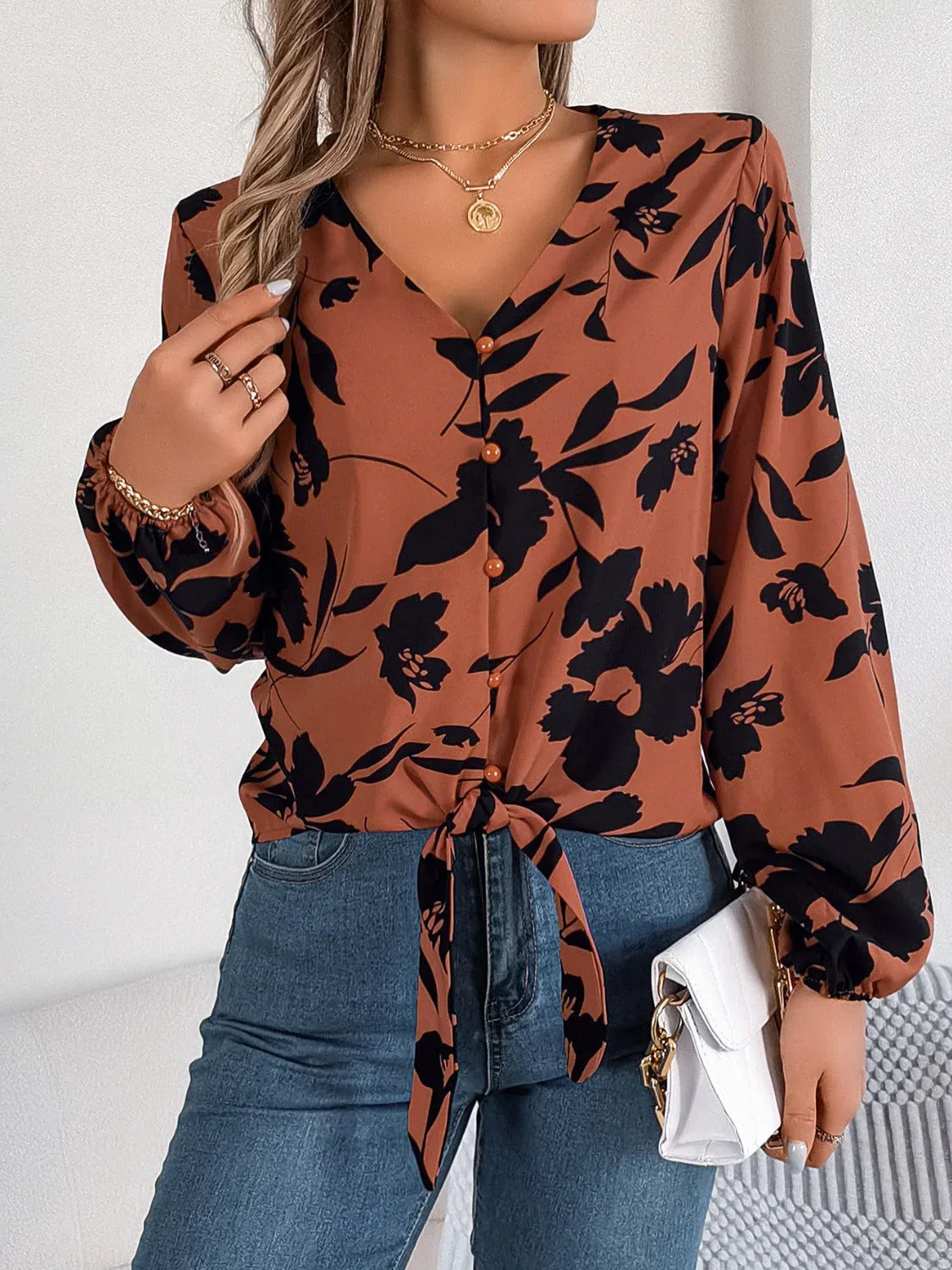 Monochrome floral tie-front blouse - View 11 | TEVQA