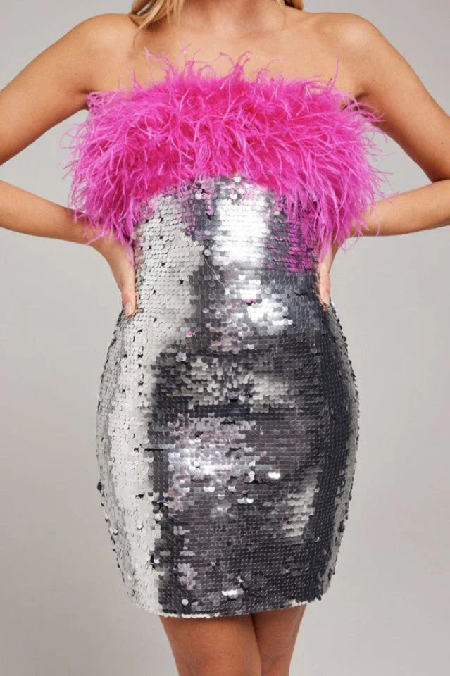 Giela Feather Sequin Mini Dress - View 7 | TEVQA