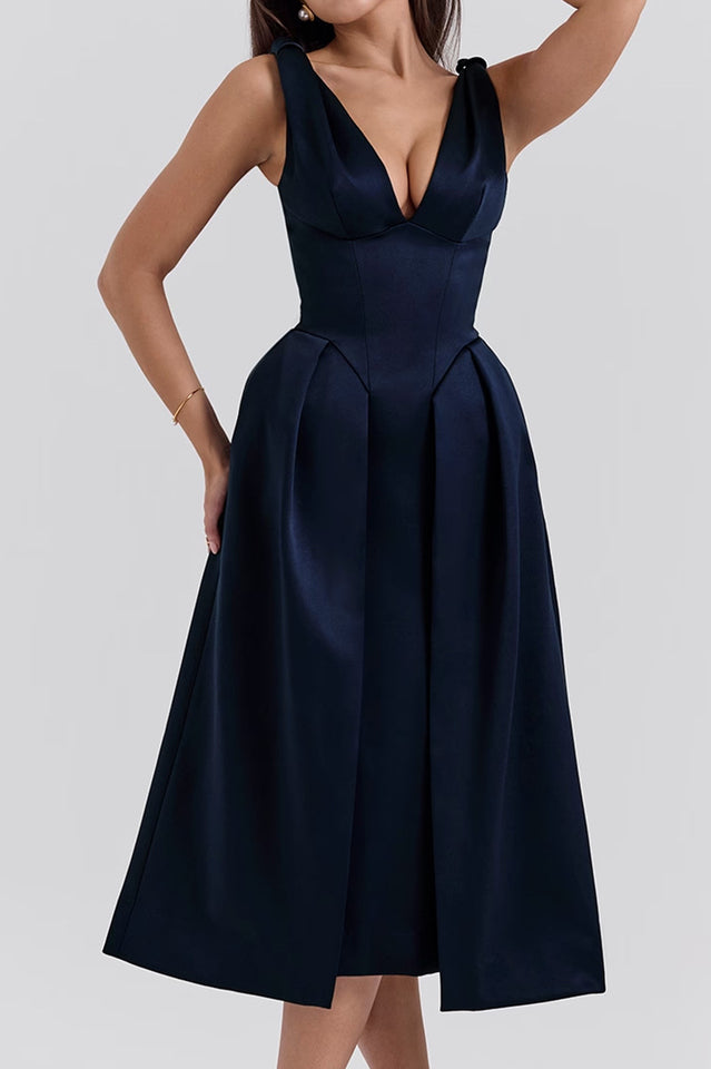 Deep V Neck Cinch Waist Satin Midi Dress | Dress In Beauty