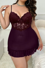 Plus Size Plum Mesh Robe & Lace Chemise Set, 2-Piece Peignoir Sleepwear - Sexy Lingerie
