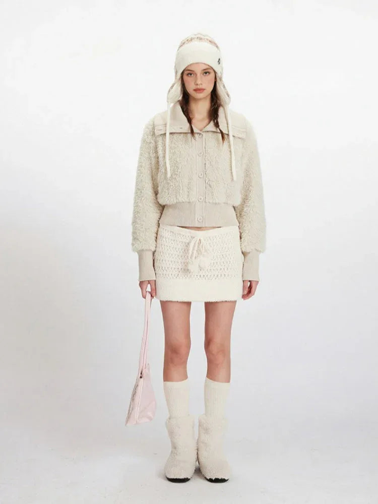 Cream White Cropped Sherpa Jacket - TEVQA Main image
