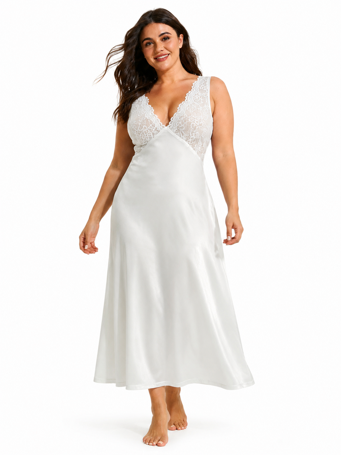 Plus size white satin and lace maxi nightgown, model posing
