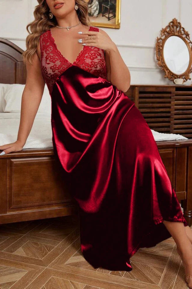Plus Size Satin Nightgown with Floral Lace Bodice, V-Neck Maxi Sleep Dress - Red