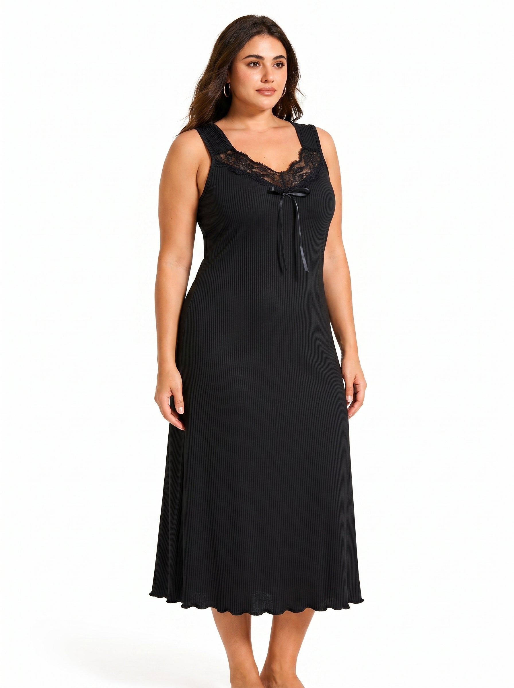 Close-up of the lace neckline and bow on a black nightgown