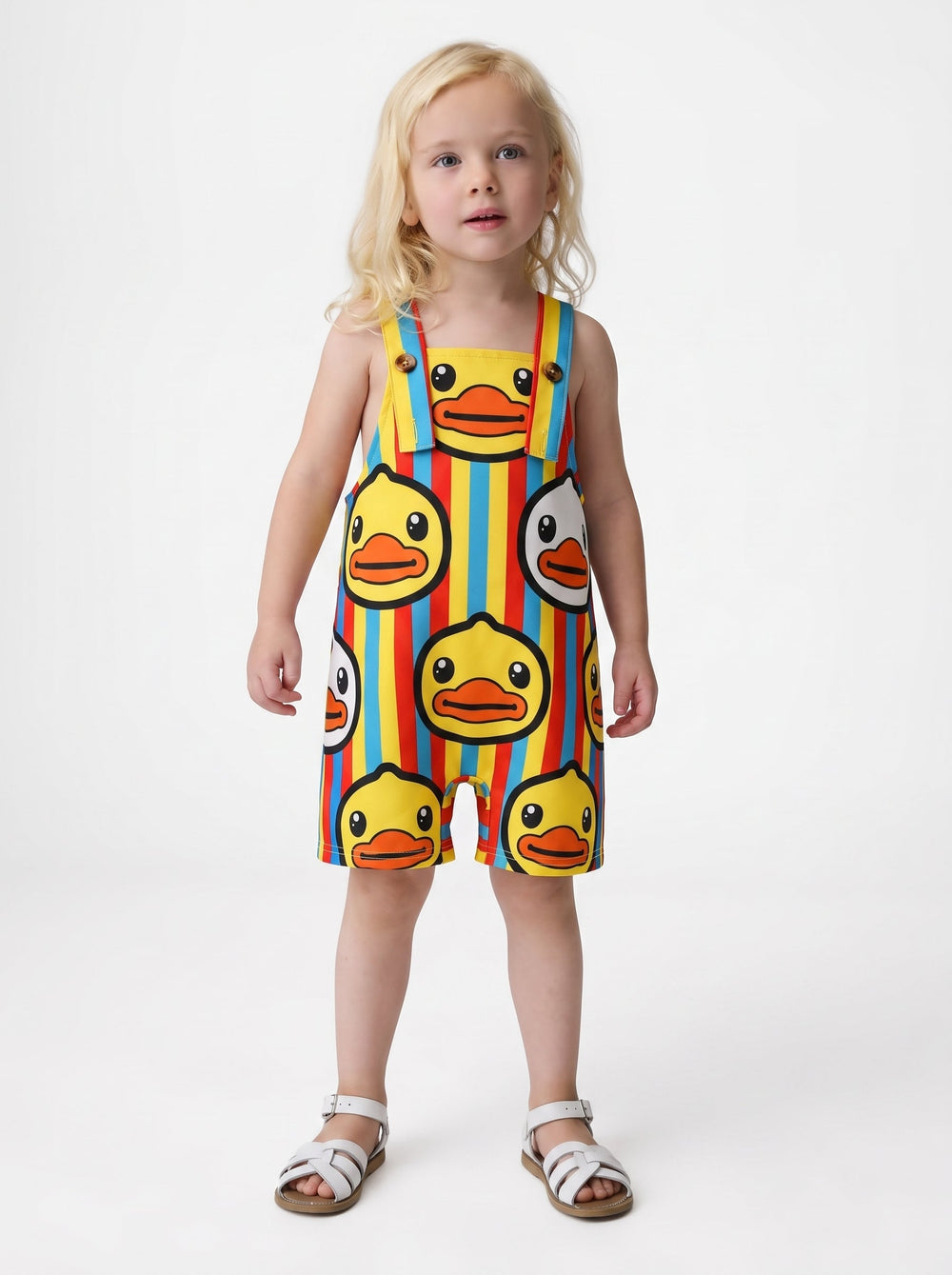 Front view of a child in a colorful duck print shortall.