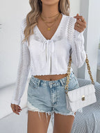 Pointelle Tie-Front Cardigan - View 12 | TEVQA