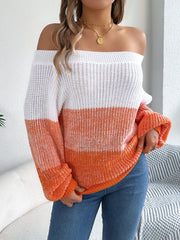 Monochrome Muse Off-Shoulder Color Block Knit Sweater