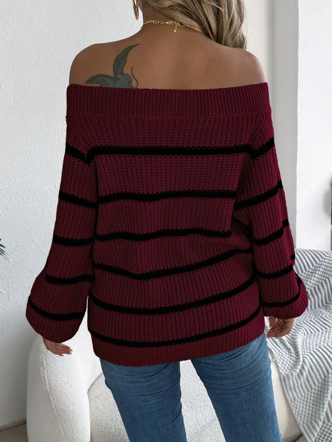 White Striped Off-Shoulder Knit Sweater - TEVQA