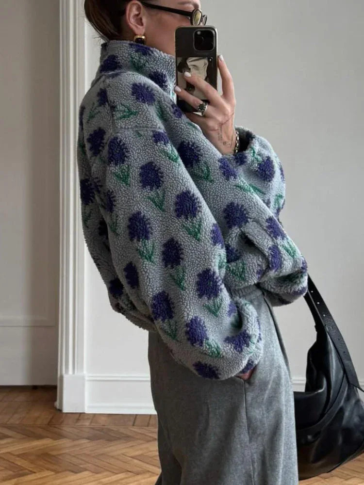 Vintage Floral Sherpa Half-Zip Pullover - TEVQA
