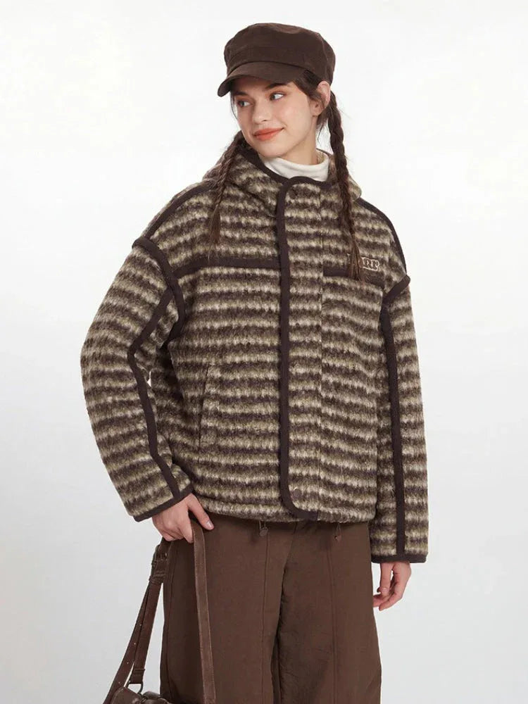 Vintage Brown Striped Sherpa Padded Jacket - TEVQA