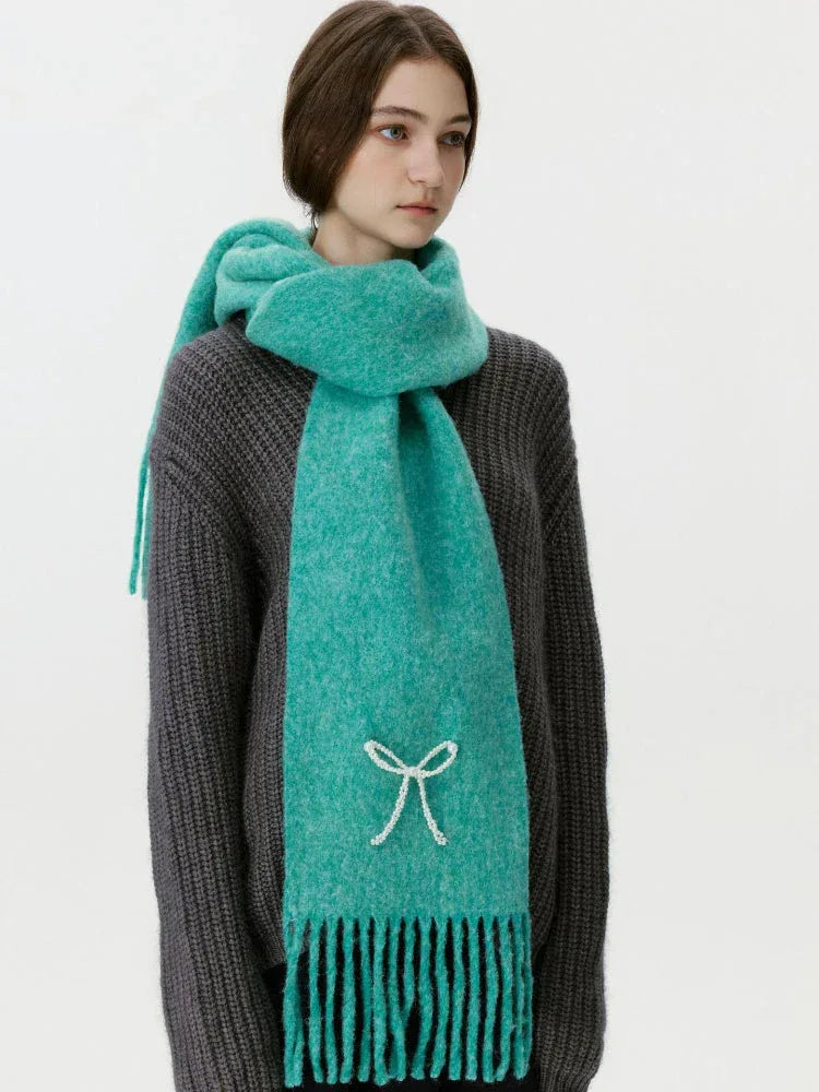 Wool Blend Pearl Bow Scarf - TEVQA