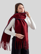 Women's Heavyweight Faux Mohair Scarf with Contrast Whipstitch Trim & Long Fringe - Burgundy