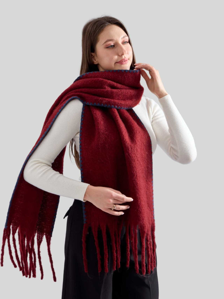 Women's Heavyweight Faux Mohair Scarf with Contrast Whipstitch Trim & Long Fringe - Burgundy