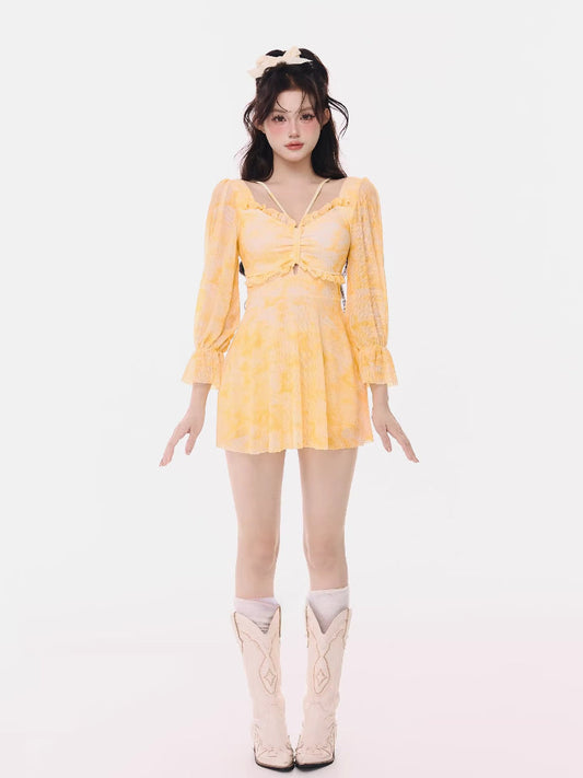 Yellow Tie-Dye Long Sleeve Swim Dress