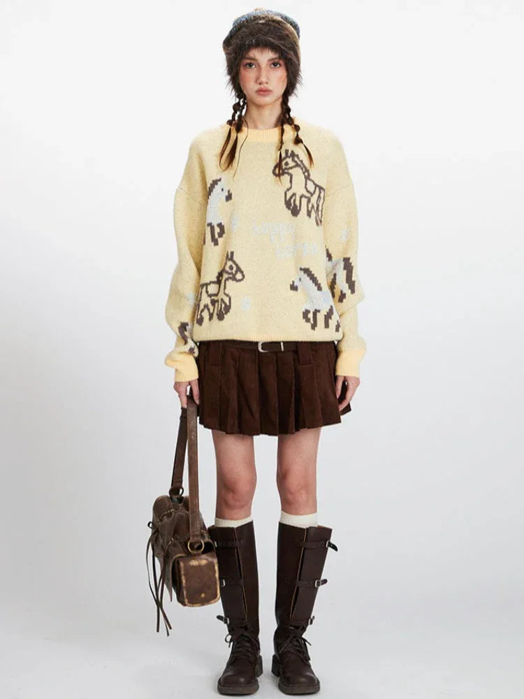 Vintage Yellow "Happy Horse" Knit Sweater - TEVQA