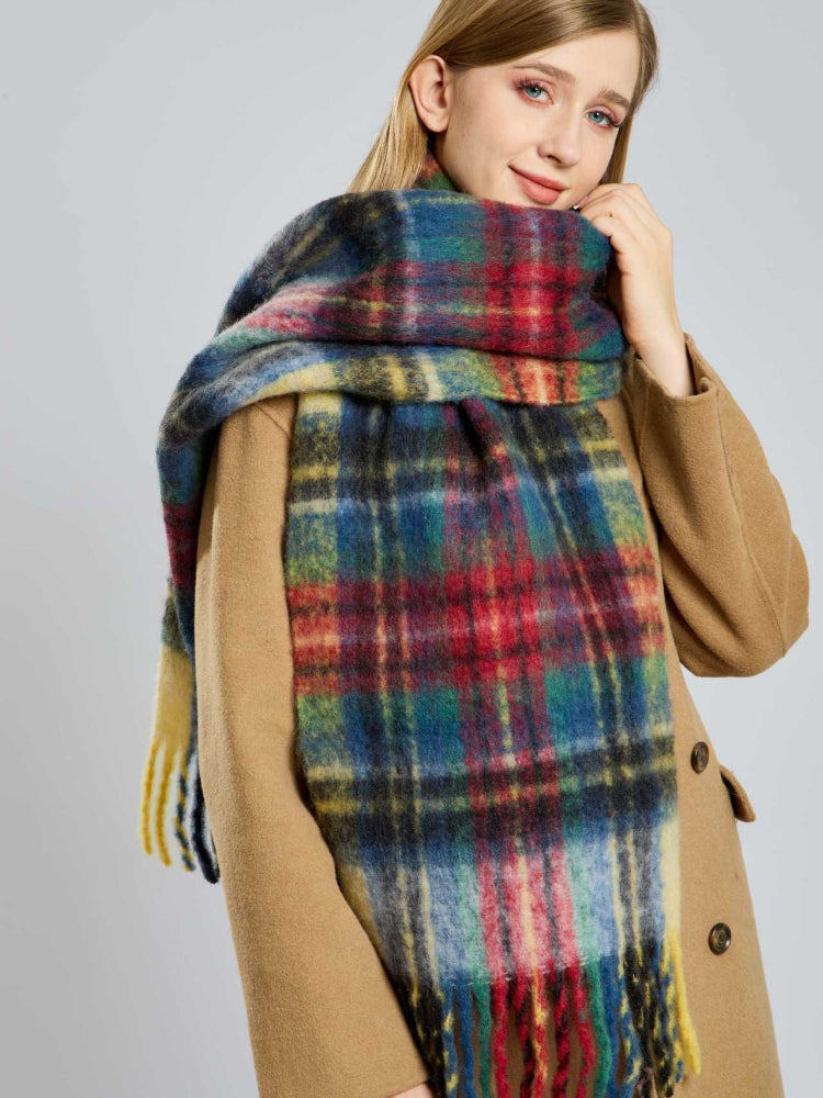 Wool blend plaid scarf with fringe - View 6 | TEVQA
