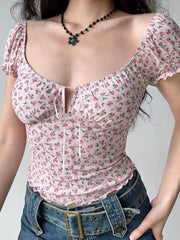 Pink Floral Tie Front Puff Sleeve Slim Top