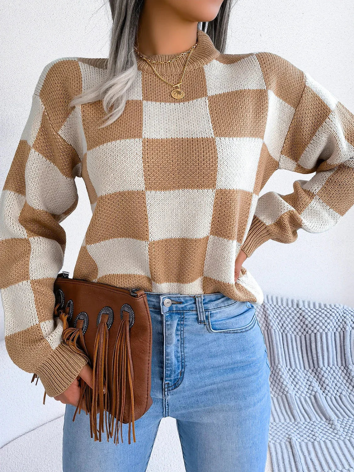 Black and white checkerboard knit mock neck sweater - View 10 | TEVQA