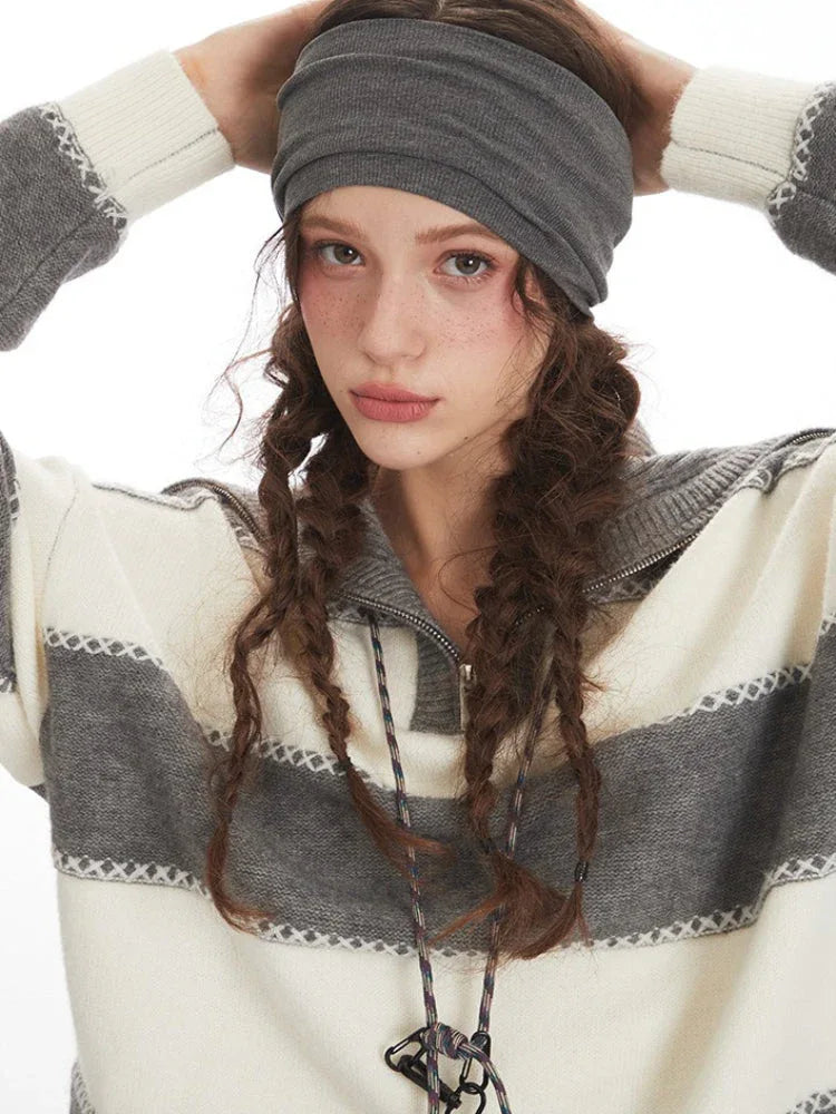 Retro Oversized Striped Half-Zip Knit Sweater - TEVQA