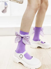 Purple Cotton Socks with Rhinestone Bow Accent