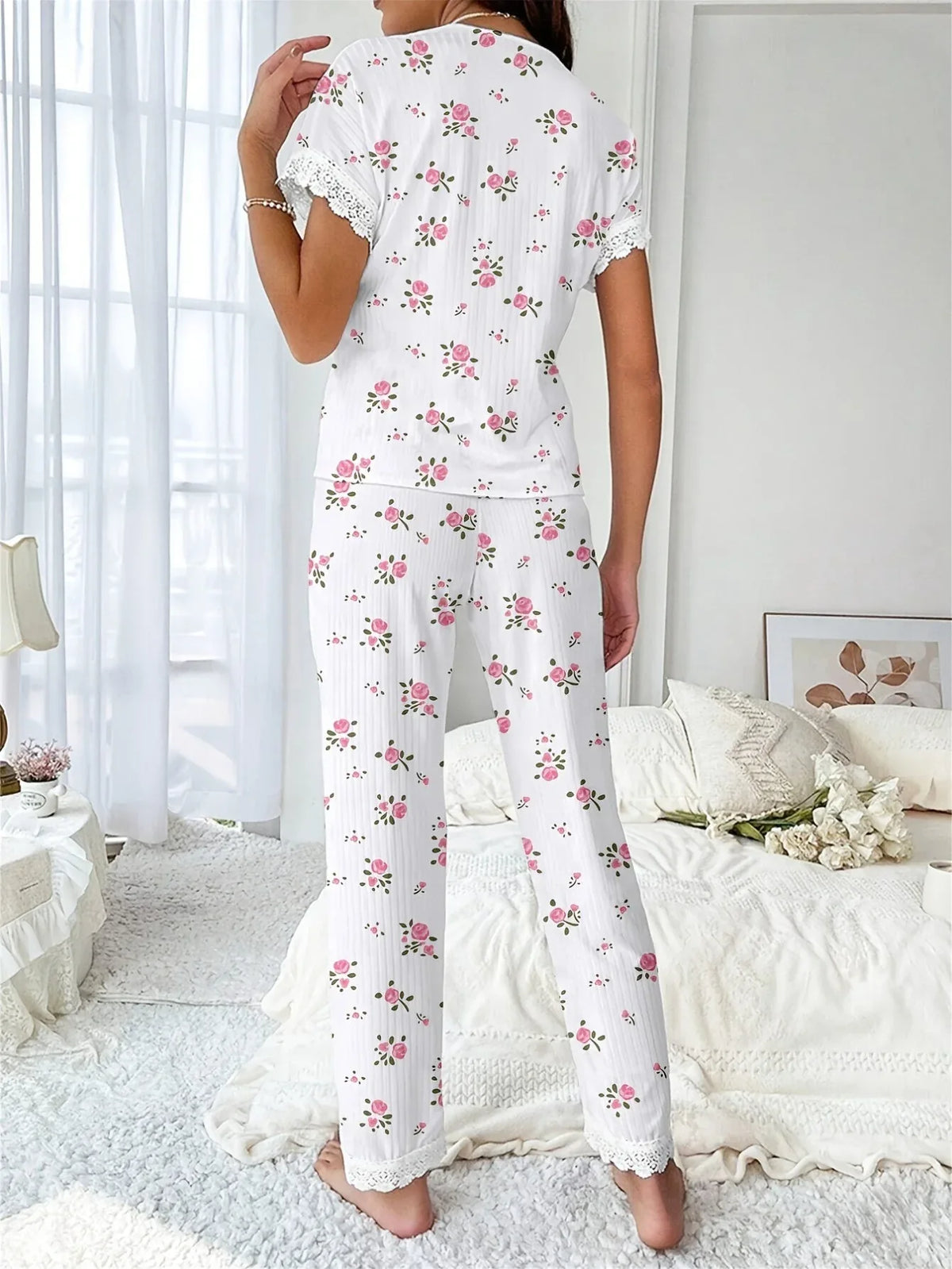 Cherry print ribbed pajama set with lace trim - View 20 | TEVQA