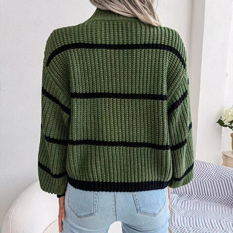 Striped Mock Neck Dropped Shoulder Sweater BLUE ZONE PLANET