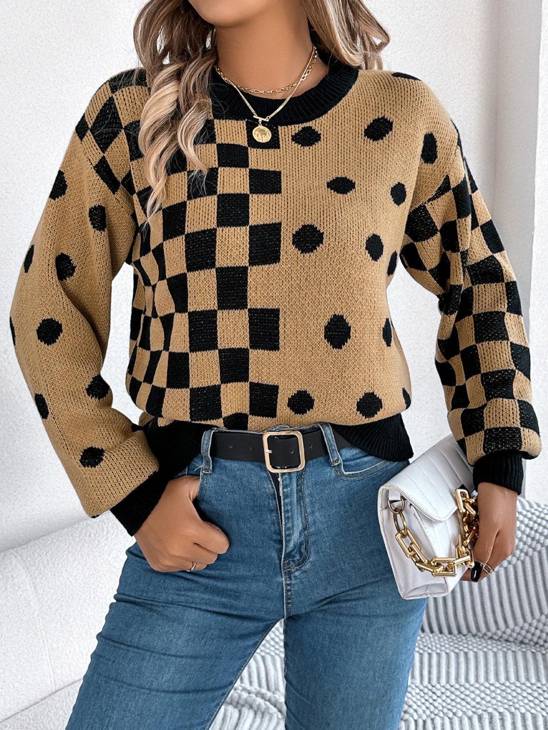 Chic Gray Polka Dot & Checkerboard Knit Sweater