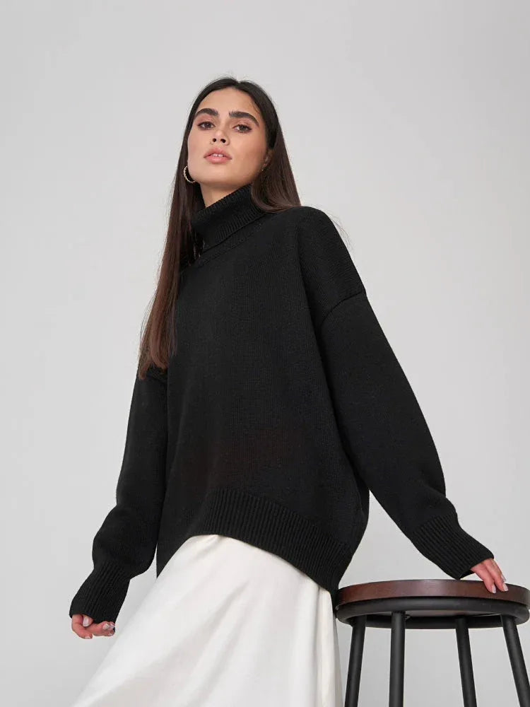 Classic Oversized High Neck Knit Sweater - TEVQA