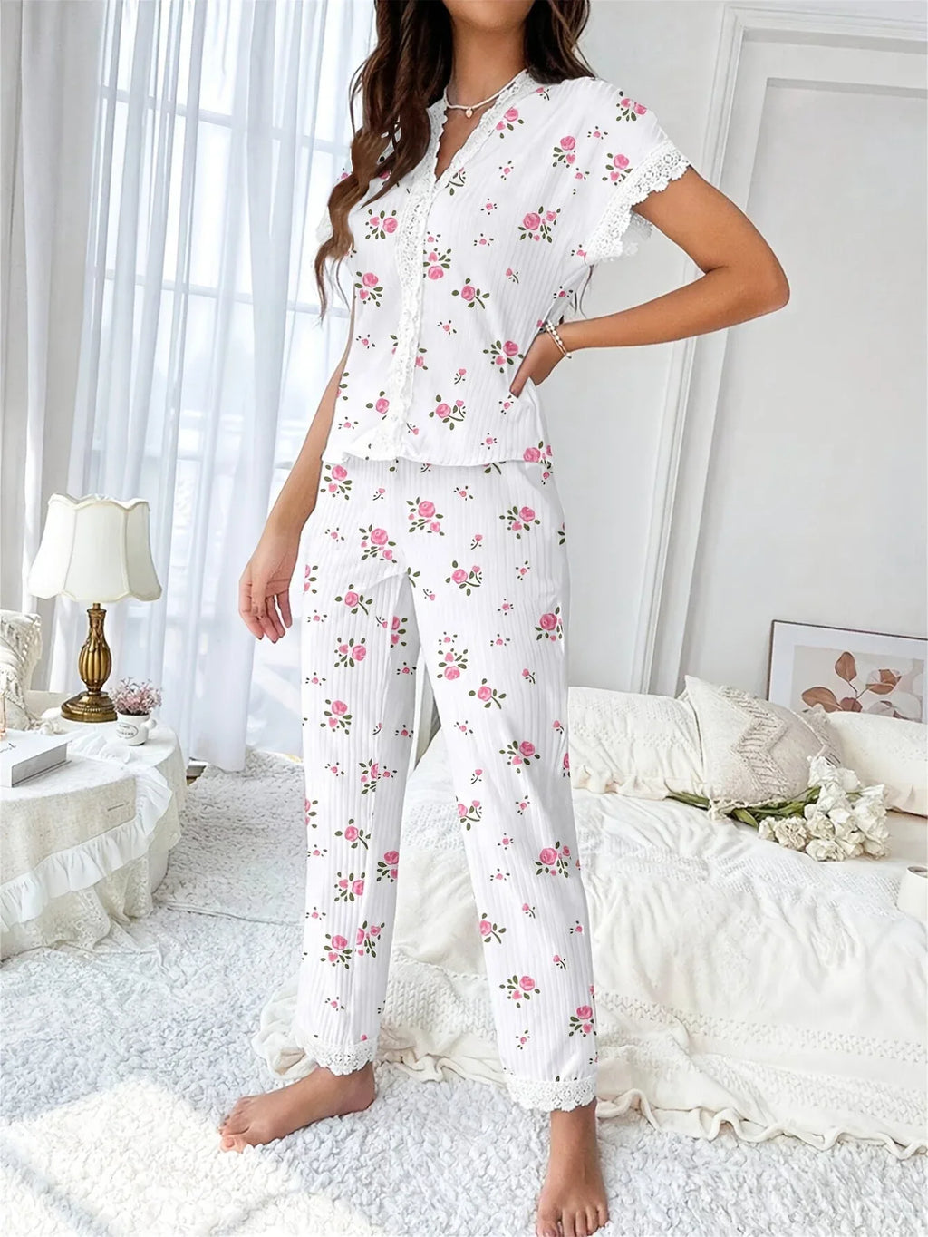 Cherry print ribbed pajama set with lace trim - View 23 | TEVQA