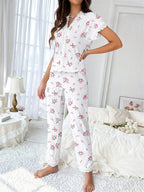 Cherry print ribbed pajama set with lace trim - View 23 | TEVQA