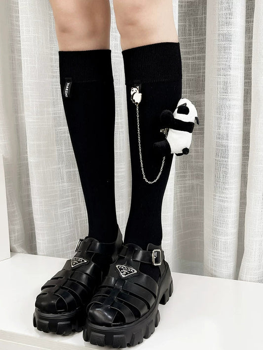 3D Panda Plush Black Knee High Socks Kawaii - TEVQA
