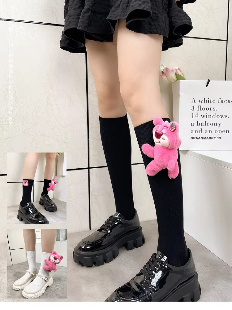 3D Pink Strawberry Bear Plush Socks Kawaii Novelty - TEVQA