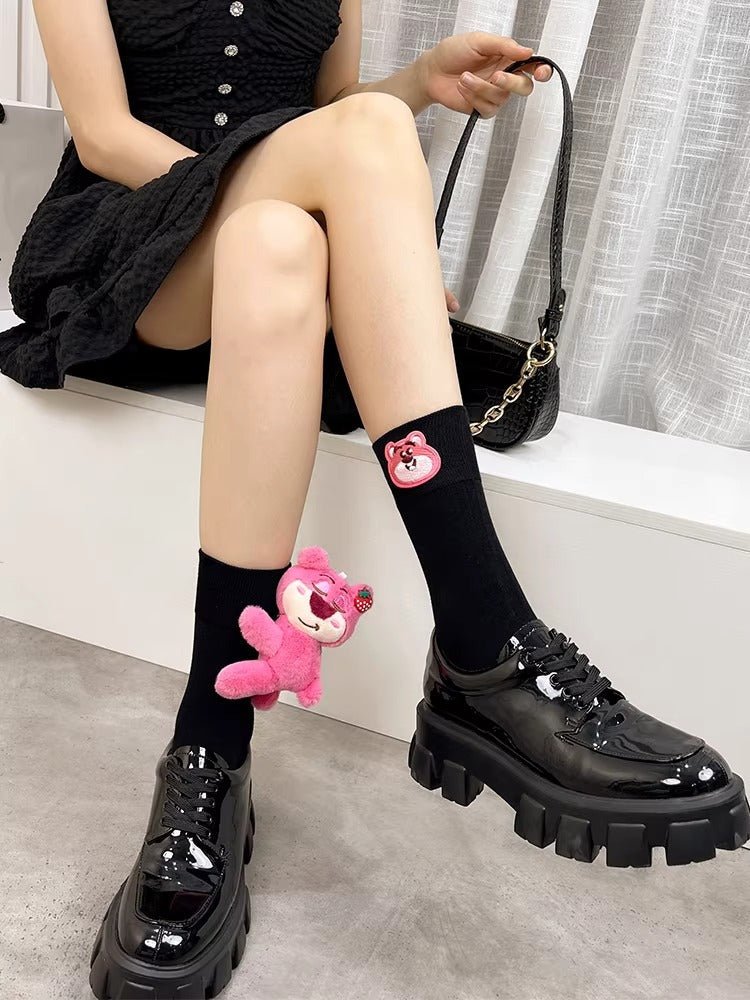 3D Pink Strawberry Bear Plush Socks Kawaii Novelty - TEVQA