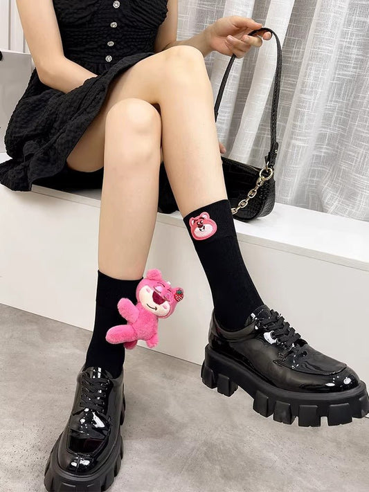 3D Pink Strawberry Bear Plush Socks Kawaii Novelty - TEVQA