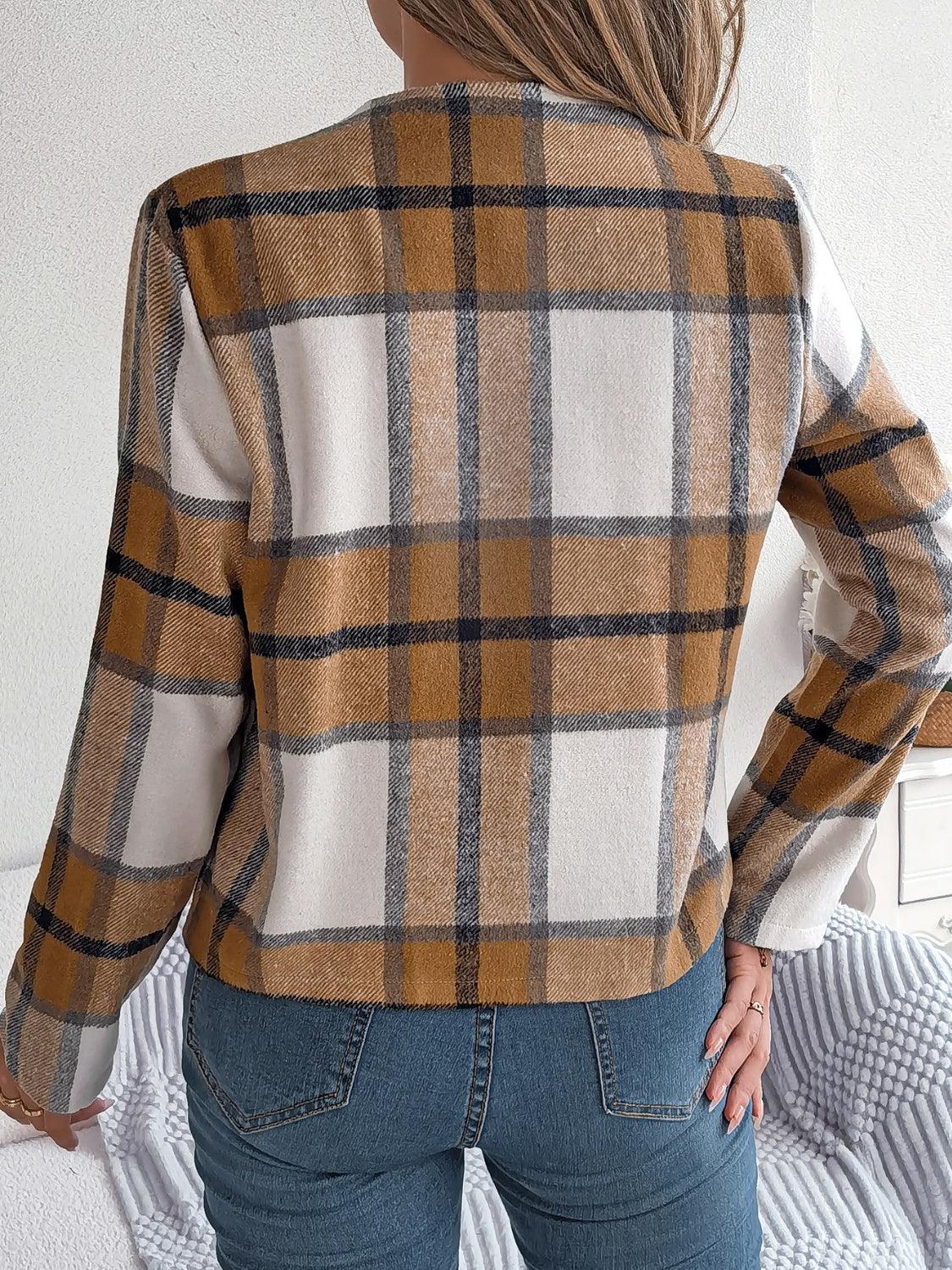 Navy blue plaid cropped jacket - View 9 | TEVQA