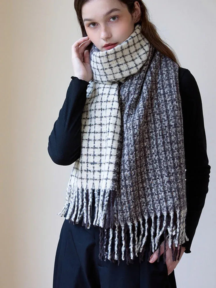 Navy and cream split grid and houndstooth pattern scarf with fringe detail - View 6 | TEVQA