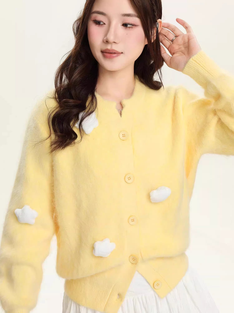 Yellow Plush Knit Cardigan with 3D Floral Accents