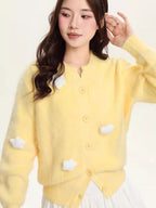 Yellow Plush Knit Cardigan with 3D Floral Accents