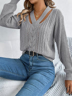 White Cutout V-Neck Cable Knit Sweater - TEVQA