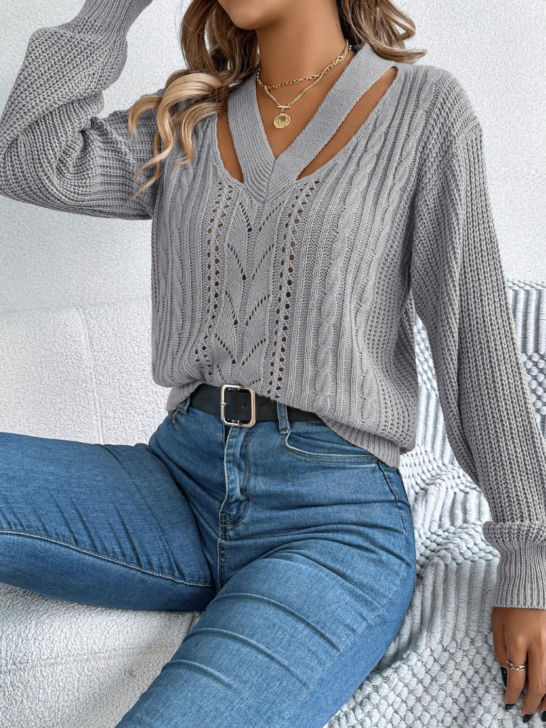 White Cutout V-Neck Cable Knit Sweater - TEVQA