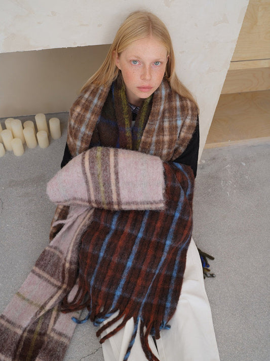 Oversized Wool Blend Plaid Scarf with Fringe