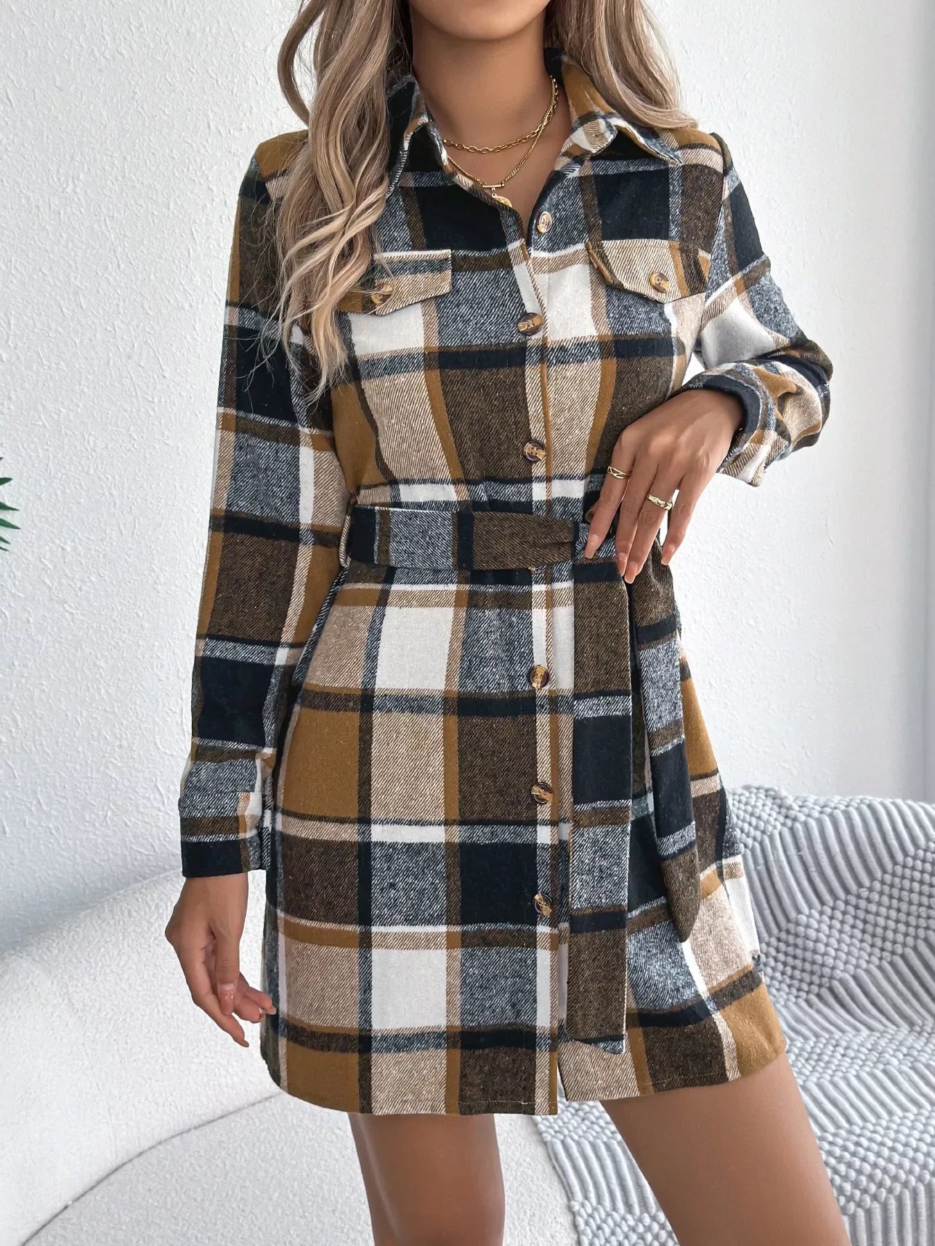 Green Plaid Belted Shirt Dress - View 11 | TEVQA